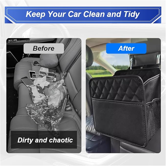 Car Back Seat Organizer, Waterproof Leather Automotive Backseat Hanging Bag with Cup Holders, Large Capacity Car Trash Can, Vehicle Travel Accessories for Most Vehicles (1PC/Black)