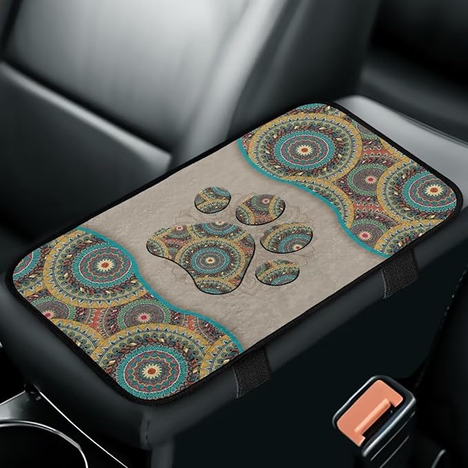 Bulopur Boho Dog Paw Prints Auto Armrest Console Accessories Flannel Center Console Cover Warmth Car Console Covers Protect from Pet Claws Fit Most Car, Truck, SUV, or Van