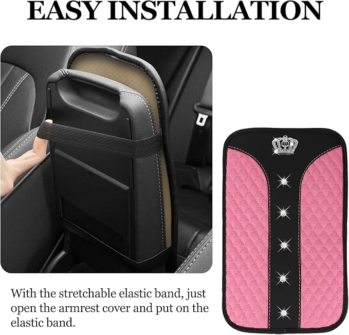 Bling Crown Car Center Console Cover, 12.7"×7.7" Armrest Cover for Cars, Waterproof Leather Arm Rest Box Pad Cushion, Universal Middle Console Cover Protector, Car Accessories (Pink)