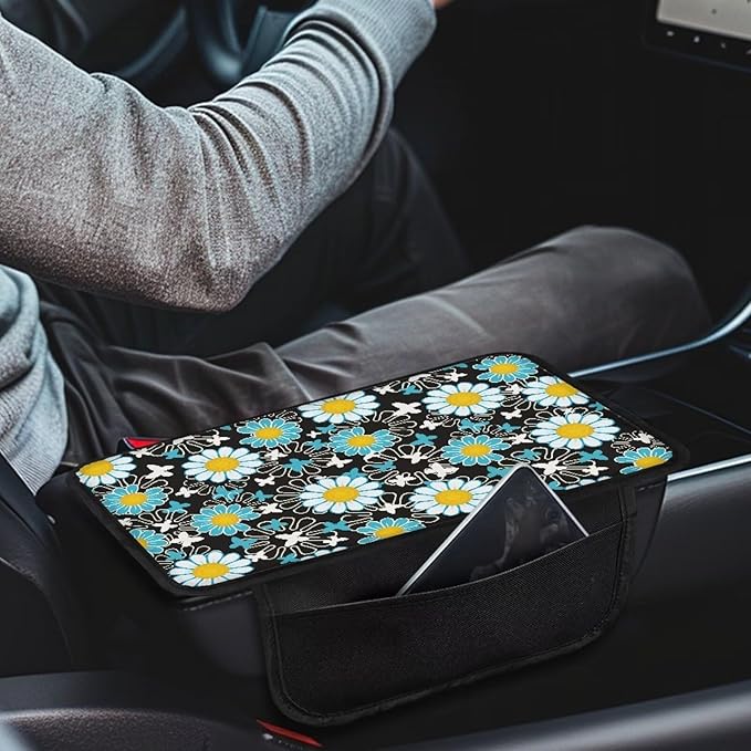 Dreaweet Car Armrest Cover Hippie Flower Car Accessories for Women Interior Universal Arm Rest for Truck SUV Center Console Pad Cover Protector Soft Armrest Seat Box with 2 Storage Pockets