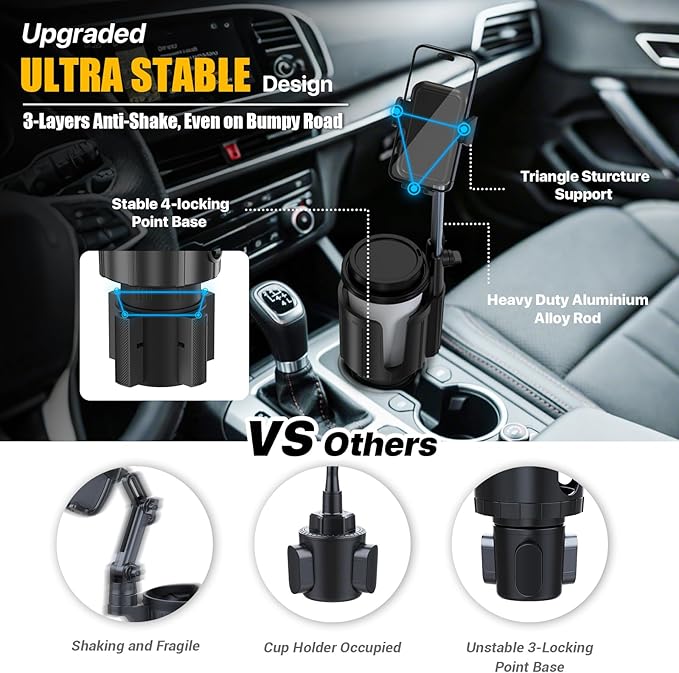 AKREDERY Car Phone Mount with Cup Holder Expander - Upgraded Anti-Shake 2-in-1 Cup Phone Holder for SUVS Trucks with Adjustable Aluminium Alloy Long Neck, fit for iPhone Samsung Galaxy (Black)