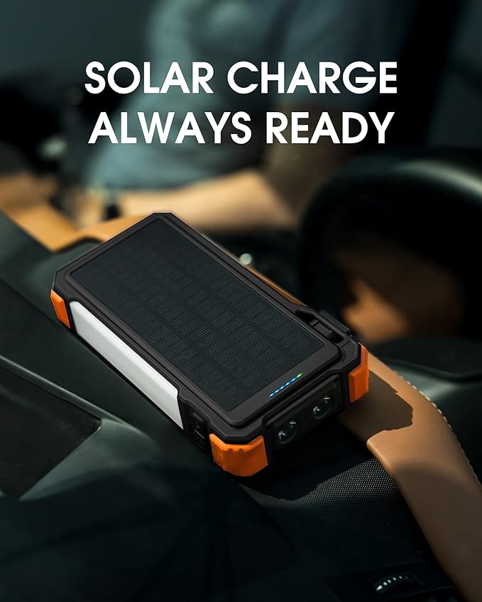 Solar Jump Starter, 5000A Peak 12V Car Battery Jump Starter for Up to 10.0L Gas & 6.0L Diesel Engines, Jumper Cables & Solar Power Bank, Car Accessories & Gift for Men, Husband, Dad, Organge
