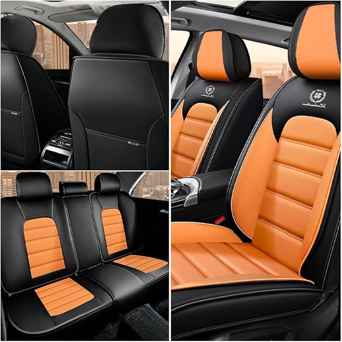 Iceleather Car Seat Covers for Ford Edge 2007-2025,Waterproof Soft Breathable PU Leather Seat Cover with Storage Pockets(Black&Orange,Full Set)