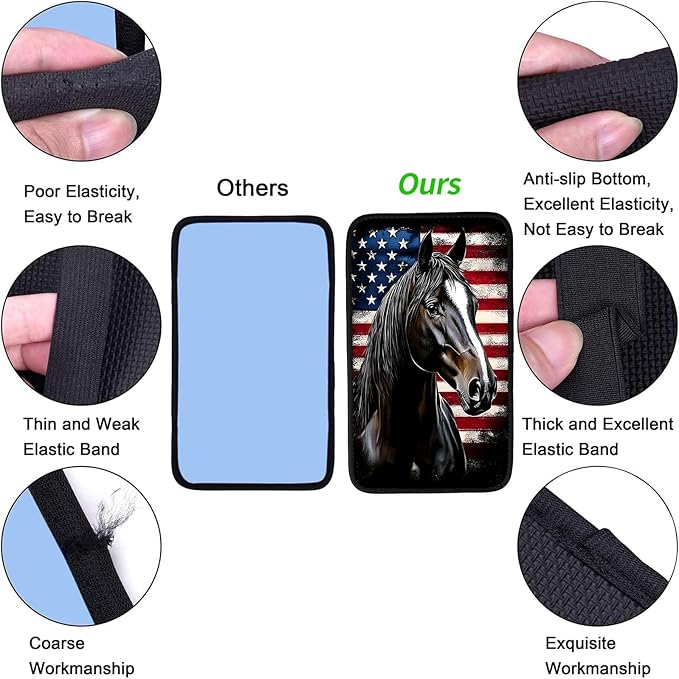 JANENFNA Car Armrest Cover Pads Universal Fashion Cute Auto Center Console Armrest Cover Pad with 2PCS Car Coasters Soft Waterproof Car Armrest Seat Protector for Women,Flag and Black Horse