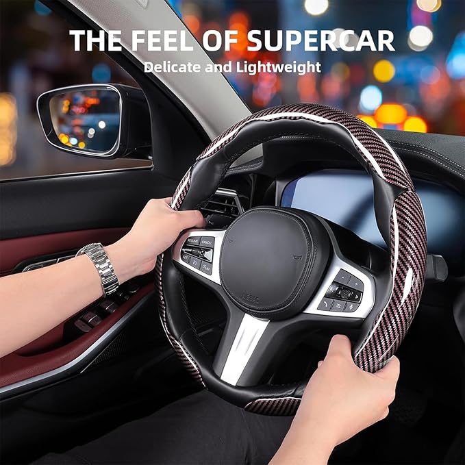 Car Steering Wheel Cover, 3 Piece Bright Carbon Fiber Steering Wheel Covers, Non-Slip Steering Wheel Cover Protector, Great Grip, Universal Car Accessories Decoration for 14.5-15 inch (Pink)