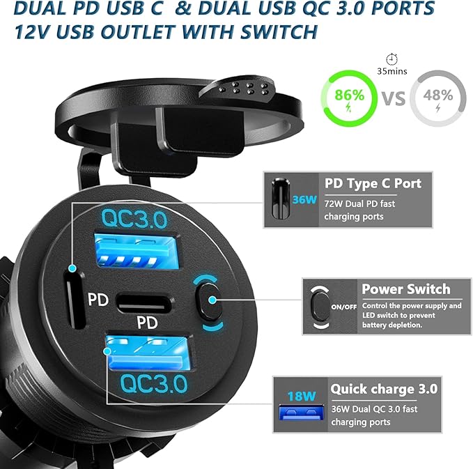 VANONE 12V USB Outlet with On/Off Switch – 4-Port Fast Charging for Car, Boat, RV & Marine Use, Prevents Battery Drain, Built-in Professional Look, Complete DIY Kit for Permanent Installation