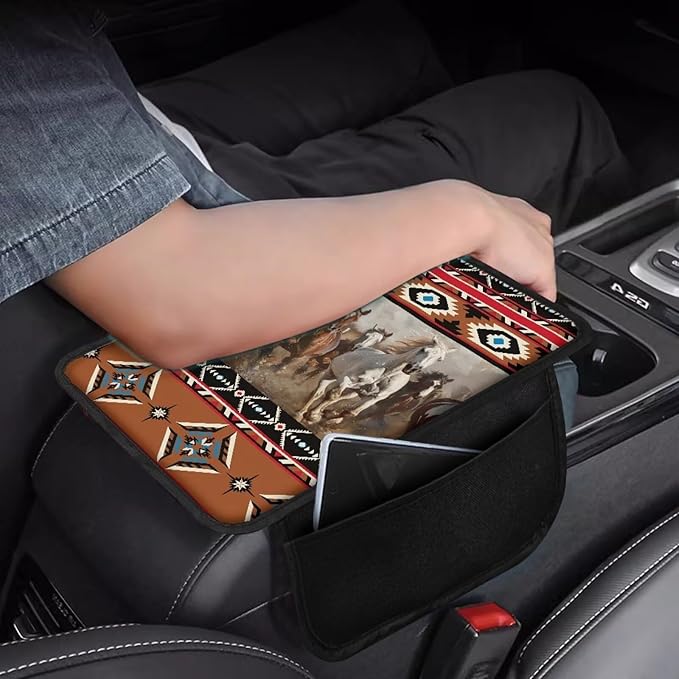 Dreaweet Aztec Ethnic Tribal Horse Pattern Car Center Console Cover with Pockets Soft Comfy Car Arm Rest Cover Pad Universal Non-Slip Armrest Cover for Car Truck Van
