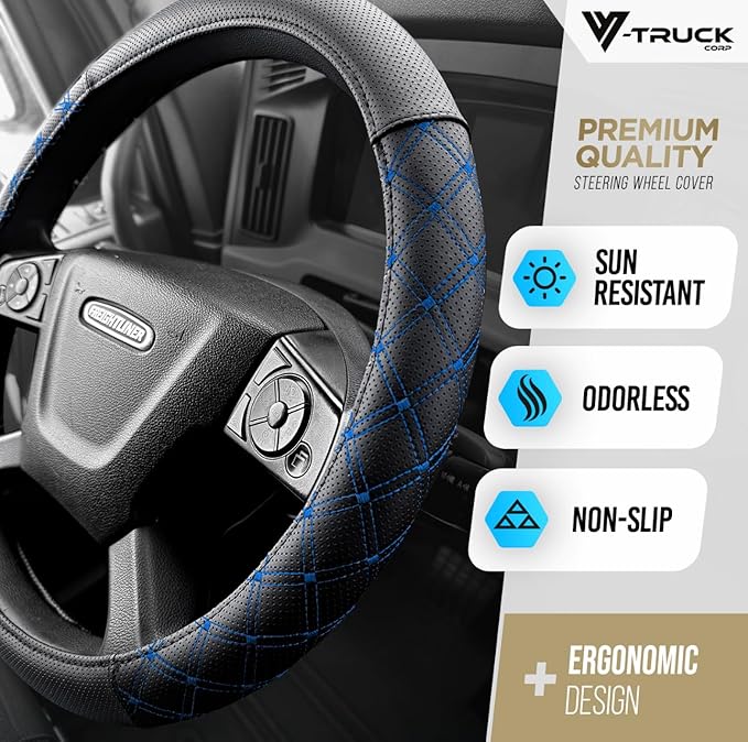 Genuine Leather Steering Wheel Cover for Semi Truck – 18" X-Large, Diamond Stitching, Anti-Slip Grip, Fits 18 Inch Wheels for Big Rig, RV & 18 Wheeler Trucks (Black/Blue)