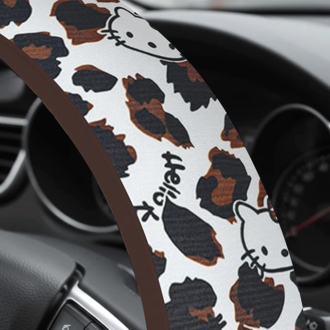 Cute Steering Wheel Cover for Women, Machine Washable Universal 14.5-15.5 inch Non-Slip Grip All Weather Use (Brown Leopard Cats)