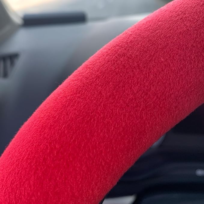 Fluffy Steering Wheel Cover, Short Plush Auto Accessories for Women with Inner Ring Universal 15 Inch (Red)