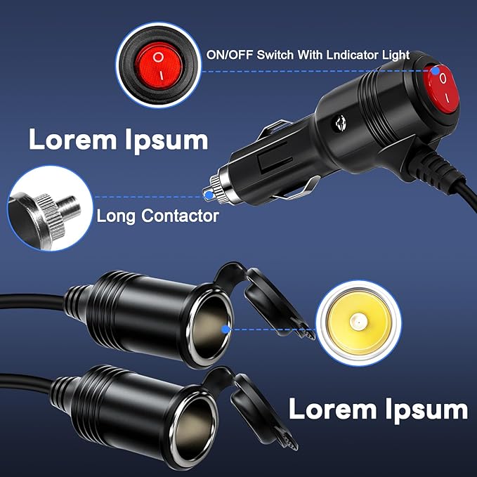 Cigarette Lighter Splitter ， 12v Splitter,Dual Cigarette Lighter adapters for Cars,12V Cigarette Lighter Plug with on/Off Switch, Overload Protection & Extension Cord 15A Fuses (Black 2 Ports)