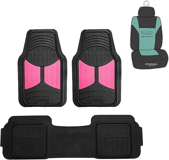 FH Group Car Floor Mats Climaproof Heavy Duty Rubber Floor Mats for Sedan, SUV, Truck, Universal Fit Automotive Floor Mats Trimmable Full Pink Set, Combo Small Car Seat Cover Design