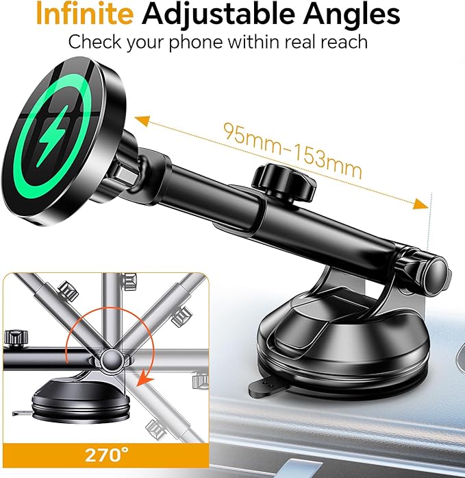 Coolpow for MagSafe Car Mount Charger【Ultra Magnet】Magnetic Phone Holders for Your Car Charger【Windshield+Vent+Dash】Magnetic Wireless Car Phone Holder Mount Charger Car Accessories for iPhone 17 16 15