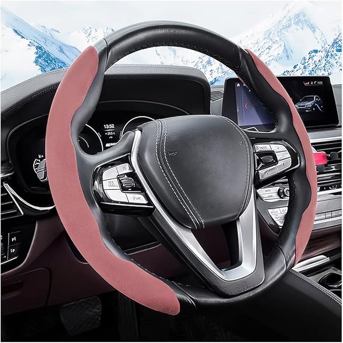 Car Steering Wheel Cover, Microfiber Suede Leather and Carbon Fiber Double Sided Design, Warm in Winter and Cool in Summer, Breathable Non Slip Segmented Protector for Most Cars (Turn Fur/Pink)