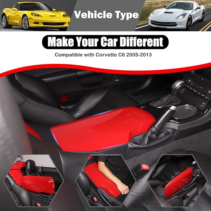 Center Console Cover Compatible with Corvette C6 2005-2013 Accessories Car Armrest Cover Waterproof Cushion Car Armrest Storage Box Cover Car Arm Pads Caps Protector Pad (Sport Red)