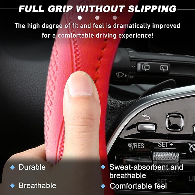 15 Inch Leather Steering Wheel Cover, Breathable Anti-Slip Steering Wheel Protector Cover, Elastic Soft Comfortable Universal Wheel Cover for Men and Women, Car Accessories (Red)