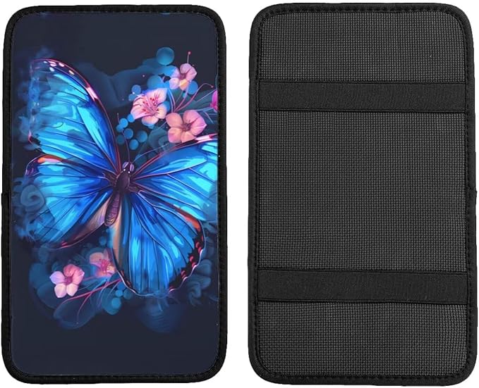 Car Center Console Armrest Cover Blue Butterfly Armrest Pads Fit for Most Cars Sedans Vans Truck Vehicles, SUVs Animal Pink Floral Auto Armrests Cushion