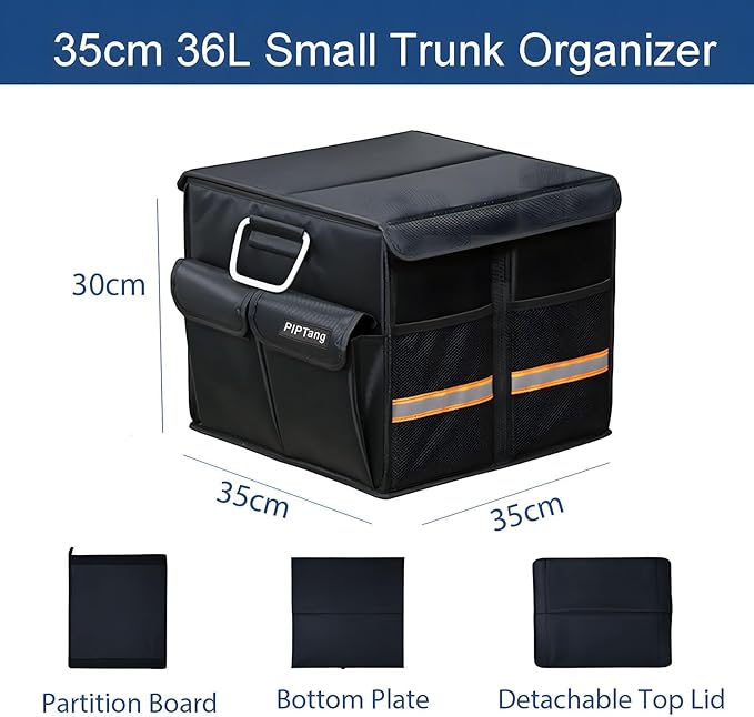 PIPTang Trunk Storage Organizer with Lid, 35cm Small 36L Collapsible Car Trunk Organizer,Small Car Organizer Aluminium Handle, Car Accessories for Sedan Auto SUV Truck Minivan Road Emergency Black