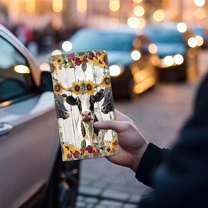 Car Registration and Insurance Card Holder for Women Men, Waterproof PU Leather Glove Box Car Organizer with Magnetic Shut, Vehicle Document Holder for Driver License,Cards, Cow Sunflower Pattern