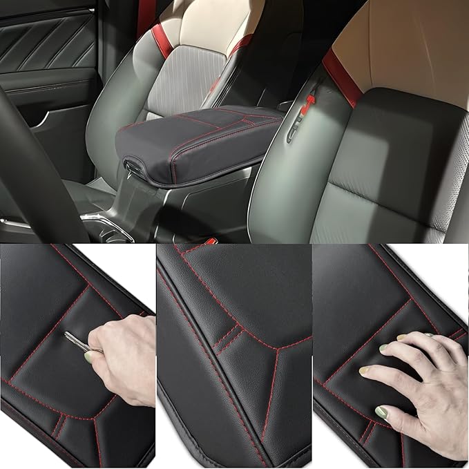 Center Console Cover for Chevy Colorado/GMC Canyon - Soft Armrest Cover for Colorado Canyon 2023 2024 2025 2026 ZR2 Z71 Trail Boss LT WT Elevation AT4 Denali AT4X Accessories - Red Stitch