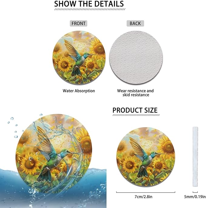 Hummingbird Print Steering Wheel Cover Car Accessories for Women Yellow Sunflower Car Interior Decor Cup Coaster Cars Armrest Cover Suit for Most SUV Vans Trucks