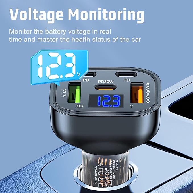 5 Ports PD30W LED Voltage Display QC3.0 Fast Charge Multi Port USB C Car Charger Cigarette Lighter Adapter Compatible with iPhone 16 15 14 13 12 11 Pro Max Plus Samsung Galaxy S24 S23 and More