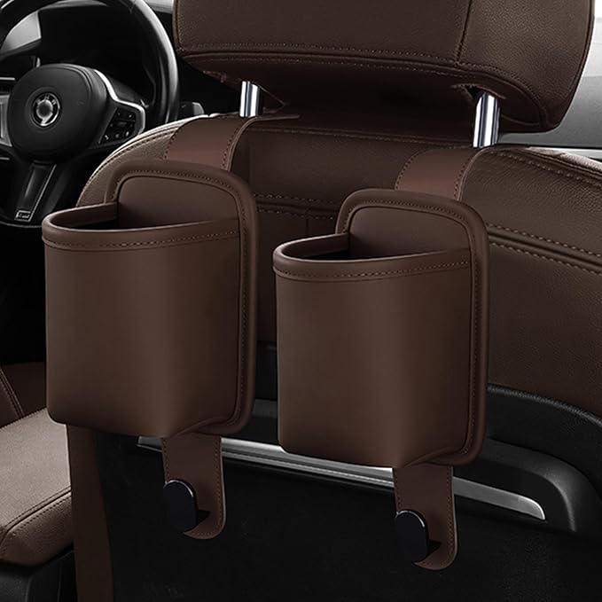 2-Pack Car Seat Back Cup Holder Organizer, Faux Leather Car Cup Holders with Hooks, Universal Backseat Storage for Drinks, Bottles & Travel Accessories (Brown)