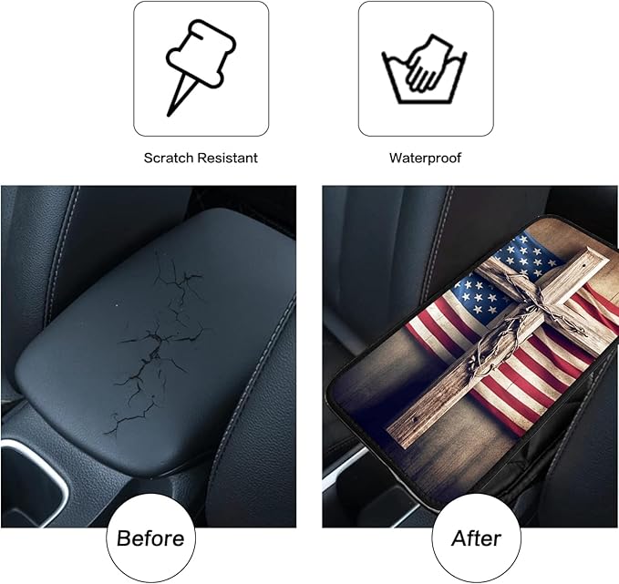JANENFNA Car Armrest Cover Pads Universal Fashion Cute Auto Center Console Armrest Cover Pad with 2PCS Car Coasters Soft Waterproof Car Armrest Seat Protector for Women,Wooden Cross Flag
