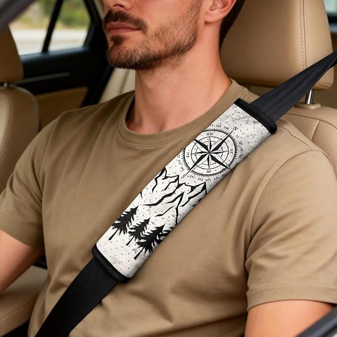 Qeluxign Air Mesh Car Seat Covers & Accessories 5-Piece Set 2 Seat Covers, 2 Shoulder Belt Pads, 1 Console Pad PU Leather Car Interior Set for Women,Compass Mountain Pine Tree