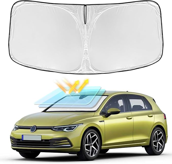 for Volkswagen Golf Mk8 2022-2025 2026 Windshield Sun Shade - 4 Layers Car Sunshades for Front Windows Shade Cover Custom Fit Golf Mk8 Sun Visor 240T Retractable Shade Blocks UV Rays Car Accessories