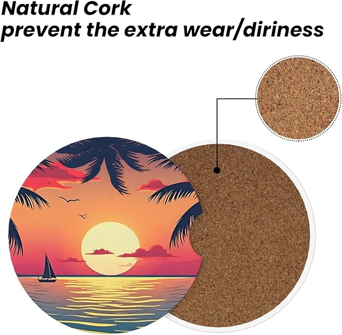 HUWAAI Beach Sunset Palm Trees Car Cup Holder Coasters 2 Pack Universal 2.63 Inch Anti Slip Ceramic Absorbent Coaster with Cork Base and Finger Notch Cute Car Accessories Interior for Women