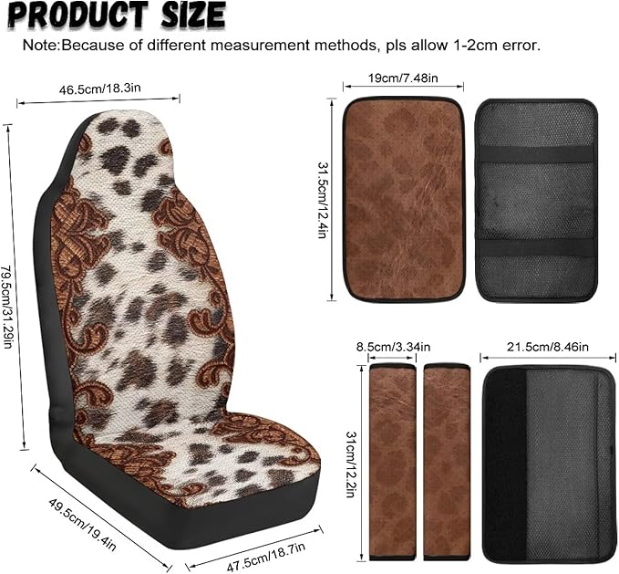 Psesaysky 5 PCS Car Accessories Interior Set for Men Women, Brown Cowhide Front Auto Seats Protectors with Seatbelt Pads, Middle Storage Organizer Pads