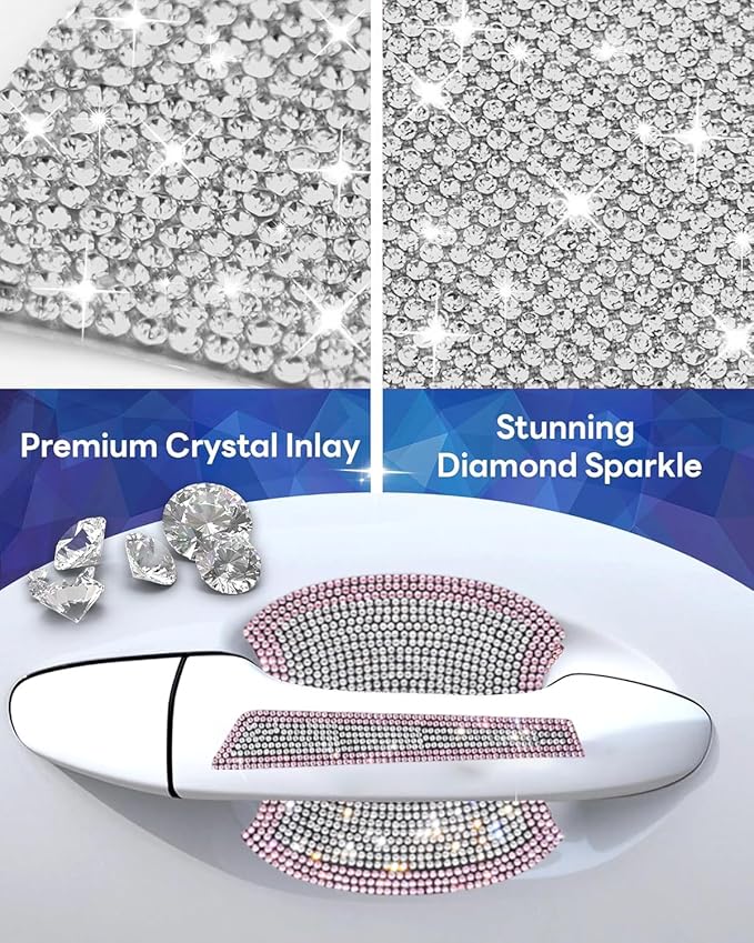 8Pcs Bling Car Door Handle Protector Stickers,Crystal Rhinestone Glitter Car Door Handles Cup Scratch Protectors Decals Universal (Pink White)