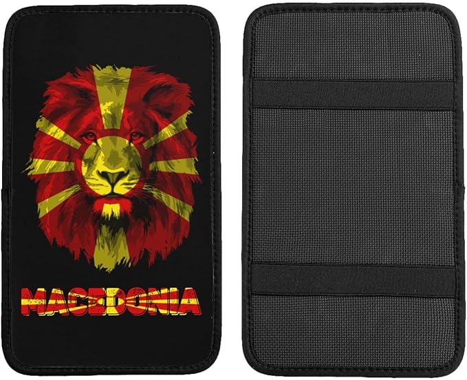 Vintage Macedonia Macedonian Flag Lion Head Auto Center Console Armrest Cover Car Handrail Box Cushion Pad Mat Universal Fit Most Vehicle Sedan Truck SUV Soft Comfort Decor Accessories