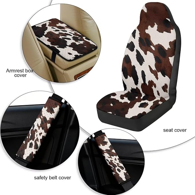Qeluxign Cow Print PU Leather Car Seat Cover Set of 5 Auto Accessories 2 Front Bucket Seat Covers, 2 Seatbelt Pads & 1 Armrest Cover, Easy to Install