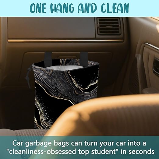 KXWQTRDD Car Garbage Bag Abstract Marble Golden Veins Drawstring Car Trash Bag Hanging for Back Seat with Adjustable Buckle Canvas Vehicle Trash Can Easy-to-Install