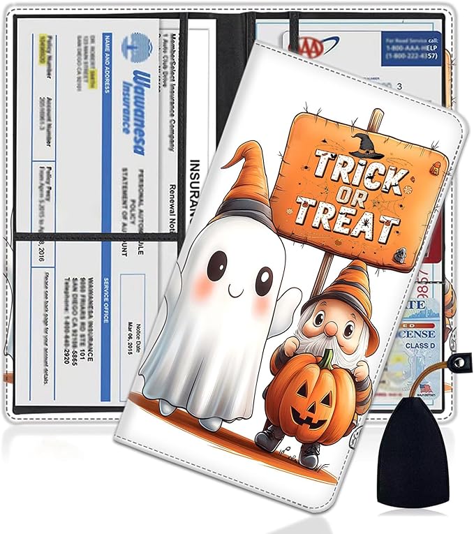 Car Registration Holder, PU Leather Vehicle Glove Box Organizer for Driver License, Document, Car Insurance Holder with Magnetic Shut, Auto Paperwork Wallet Case Accessories, Cute Trickster Ghost
