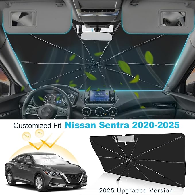 2025 Upgrade Windshield Sun Shade Umbrella Custom Fit for Nissan Sentra 2020-2025 Foldable UV Protection Car Cover, Emergency Rain Shield & Dashboard Protector - Durable Auto Accessory