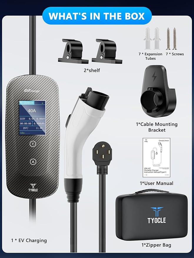 2025 New Portable Level 2 EV Charger (40Amp, 240V, NEMA 14-50P) with 23 Ft Cable. The Mobile Electric Vehicle Equipment Works Home Car Charging, Offering Charging for EV Model