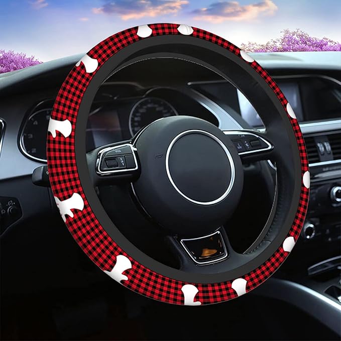 Swono Woodland Deer Non-Slip Steering Wheel Cover Christmas Deer Red Checkered Buffalo Plaid Neoprene Car Steering Wheel Covers Grip Automotive Steering Wheel Protector Auto Car Wrap Cover 15 Inch