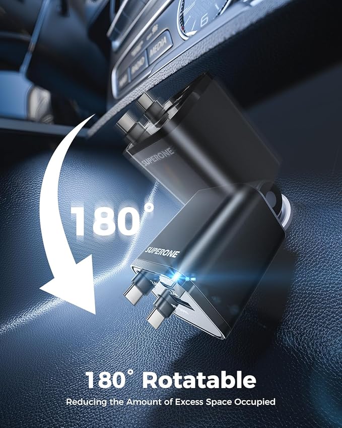 SUPERONE Retractable Car Charger, Car Charger USB C Fast Charging with Dual Type C Cable, Car Accessories Small USBC Car Adapter for iPhone 17/16/15/14/13/12 Series, iPad, Galaxy, Pixel