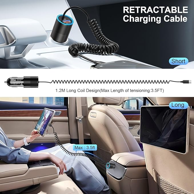 USB C Car Charger Fast Charge,2-Pack 38W PD 3.0 USB C Cigarette Lighter USB Charger with 3.5FT Type C Cable,Car Adapter Compatible with Samsung S25/S24/S23/S22 Ultra,iPhone 16 15 Pro Max SE,iPad,Pixel