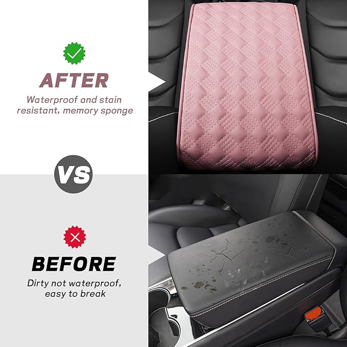 Hbxdeco Car Armrest Cushion, 12.2"×8.3" Leather Auto Memory Foam Center Console Pad with Storage Pocket, Waterproof & Anti-Scratch Elbow Pillow Armrest Seat Box Protector, Universal Fit (Pink)