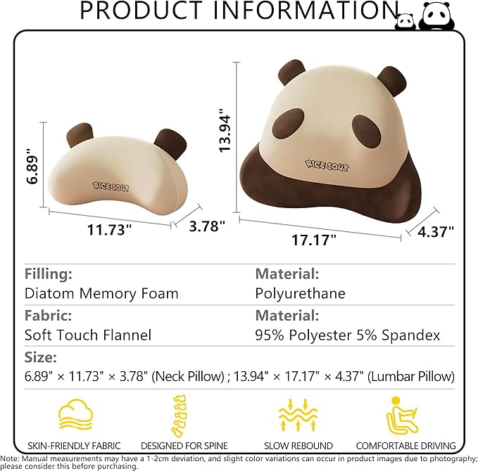 Cute Panda Car Neck Pillow & Lumbar Support Memory Foam Cushion for Driving Adjustable Headrest Waist Pillow for Most Seats (Brown, Headrest)