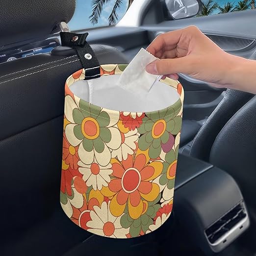 Brosoneto Colorful Groovy Flower Print Portable Car Garbage Bin Reusable Collapsible Hanging Portable Dustbin Bin Waste Basket Car Accessories Interior for Car SUV Trucks Universal