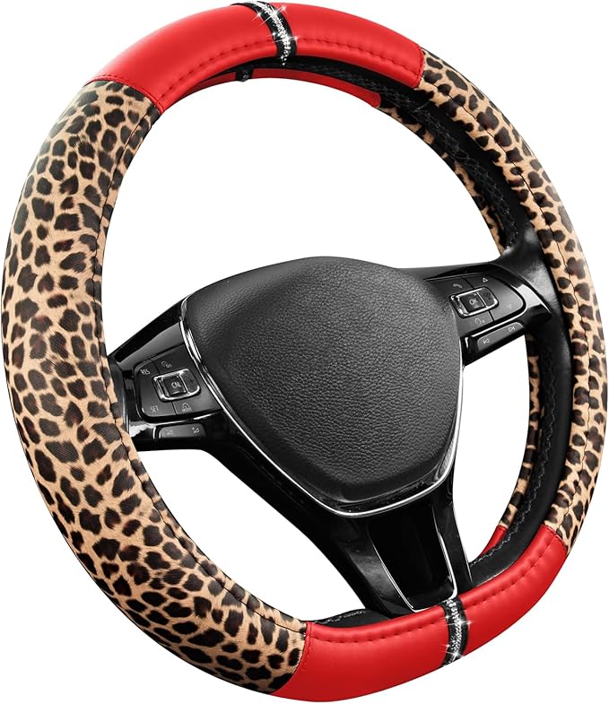 Road Comforts Leopard Steering Wheel Cover - Made with PVC Leather Cheetah Print, D-Shaped Automotive Steering Wheels - Anti-Slip, Universal Fit 14 1/2 inches to 15 inches - Red