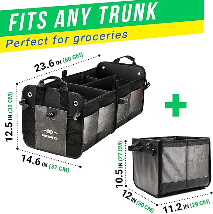 DURABLEZ 3-Section Modular Trunk Organizer XL – Car Storage for Groceries, Cleaning Supplies, Tools, Sports Gear – Foldable L-Shape Cargo Bin – Gray