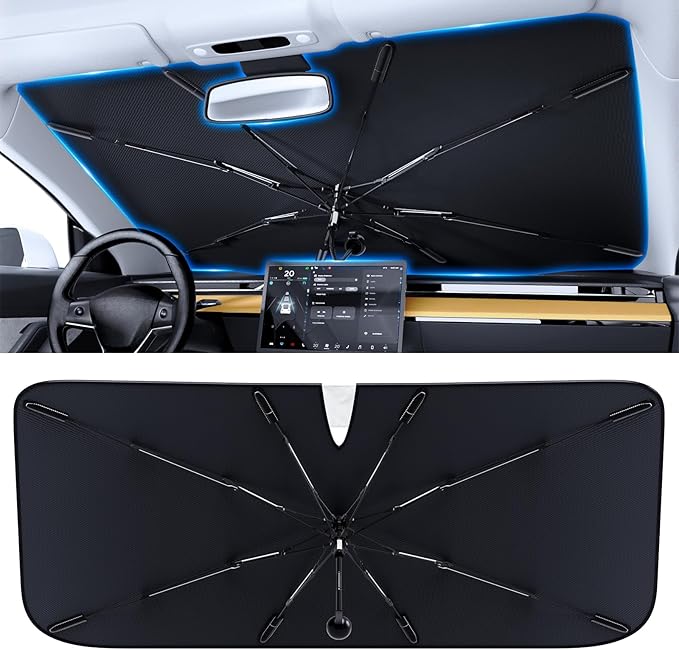 PEMOTech Car Umbrella Windshield Sun Shade | Quick-Install Reliable UV Blocker&Heat Shield | Versatile Car Sun Visor | Foldable Sun Blocker | Keep Cool&Protect Interior | Large (61"x32") for Sedan/SUV