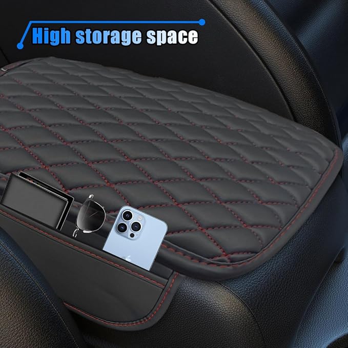 Car Center Console Cover, Car Armrest Cover Cushion, Leather Support Pad with 2 Storage Bags, Universal Interior Decorative Accessory for Most Vehicles, SUVs, Trucks, RVs (Red)