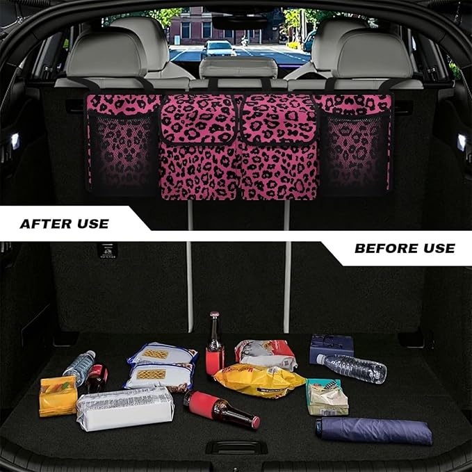 SEANATIVE Pink Leopard Car Trunk Organizer, Auto Waterproof Sturdy Backseat Hanging Large Storage Collapsible Cargo Bag with Anti-Slip Adjustable Strip Vehicle Interior Accessories